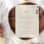 Menu Casamento Botânico de Boho Verde Eucalyptus<br><div class="desc">Este belo cardápio de casamento apresenta uma estética de boho com uma folha botânica minimalista de eucalipto,  tipografia moderna e uma paleta natural de cor orgânica da terra. Edite facilmente o texto para personalizar para o seu evento.</div>