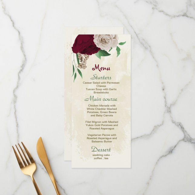 Menu Casamento botânico de champanhe de borgonha (Frente/Verso In Situ)