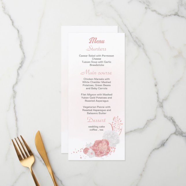 Menu casamento botânico de flores rosa e brancas (Frente/Verso In Situ)