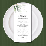 Menu Casamento Botânico de Folhas de Jardim Dourado Ver<br><div class="desc">Cardápio de casamento com vegetação botânica verde e dourada.</div>
