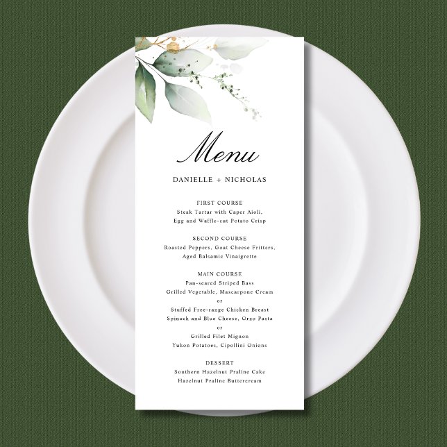 Menu Casamento Botânico de Folhas de Jardim Dourado Ver (Criador carregado)