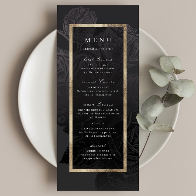Menu Casamento botânico de ouro preto Luxe rosa (Luxe rose black gold vintage botanical wedding menu)