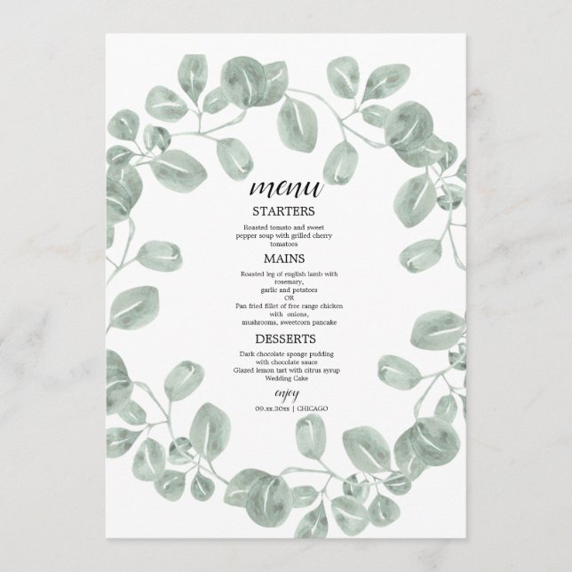 Menu Casamento Botânico de Verde Elegante (Frente)