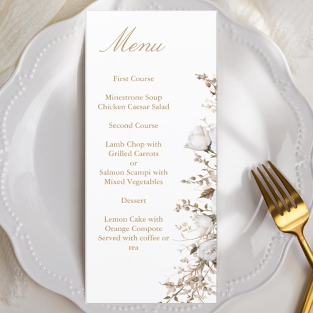 Menu Casamento Botânico Elegante de Rosas Brancos e Dou (Criador carregado)