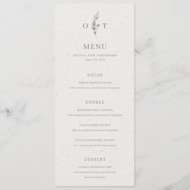 Menu Casamento Botânico Elegante Verde Sálvia Moderno (Frente)