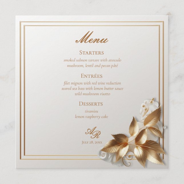 Menu Casamento Botânico em Ouro Elegante (Frente)