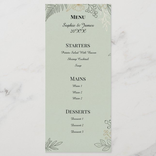 Menu Casamento Botânico em Verde Salvia (Frente)