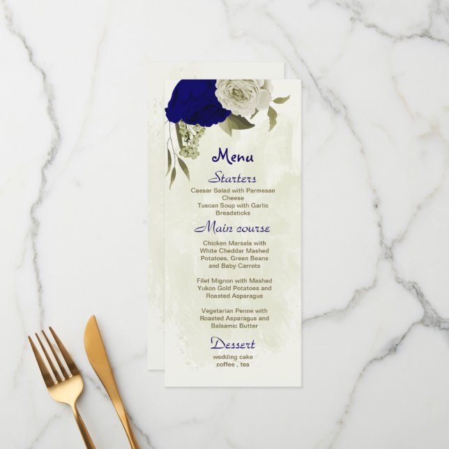 Menu casamento botânico entre flores azuis e beges (Frente/Verso In Situ)