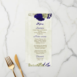 Menu casamento botânico entre flores azuis e beges