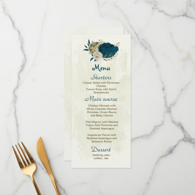 Menu casamento botânico entre flores azul-lacre e bege (Frente/Verso In Situ)