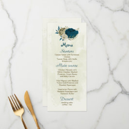 Menu casamento botânico entre flores azul-lacre e bege
