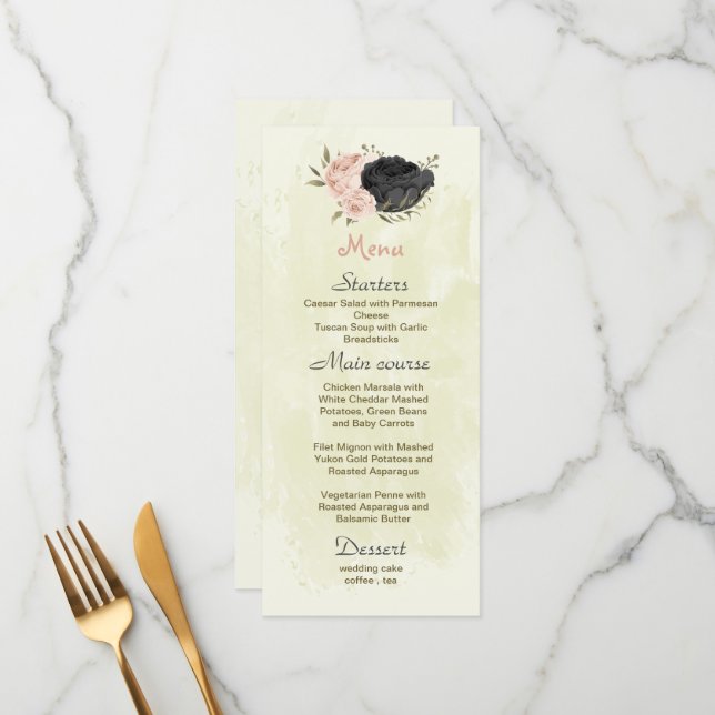 Menu casamento botânico entre flores pretas e escamosas (Frente/Verso In Situ)