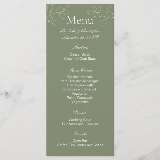 Menu Casamento Botânico Floral Branco da Sage Green Boh (Frente)