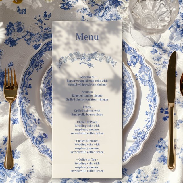Menu Casamento Botânico Floral Chinoiserie Azul (Criador carregado)