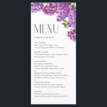 Menu Casamento Botânico Flores Aquáticas<br><div class="desc">Adicione um sotaque floral à sua capa de tabela de eventos com este cartão de menu personalizável. Apresenta flores lilás de aquarela e tipografia moderna. Personalize adicionando a data e a escolha da refeição. Este cartão floral é perfeito para casamentos de primavera, chás de fraldas, chás de panela, aniversários e...</div>