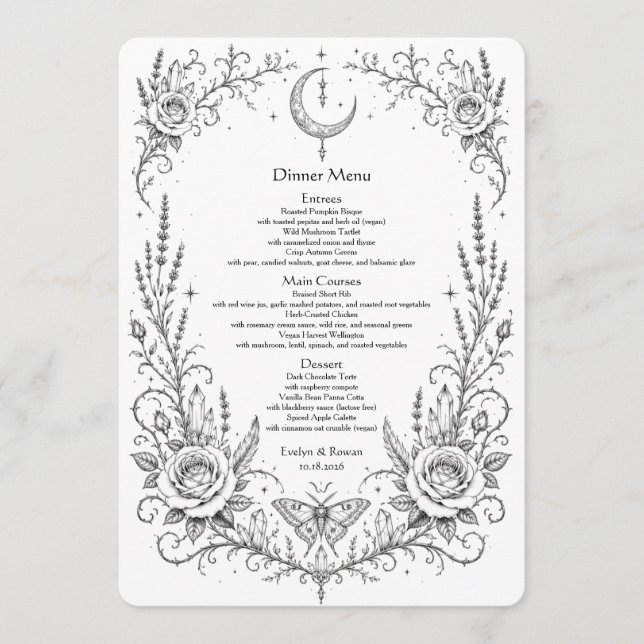 Menu Casamento Botânico Gótico Jantar Preto e Branco (Frente)