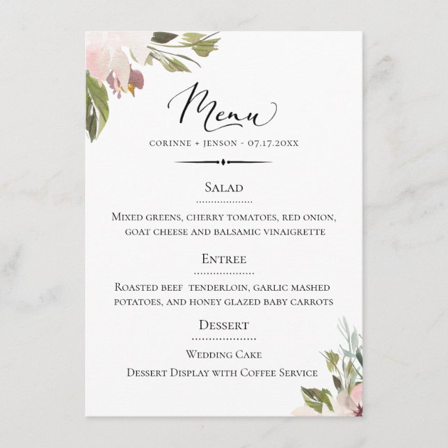 Menu Casamento Botânico Mauve Dusty Typografia Chic (Frente)