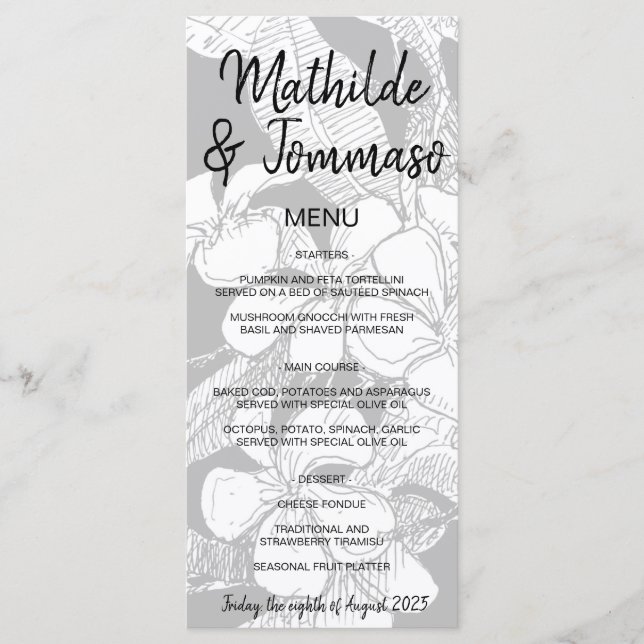 Menu Casamento Botânico Moderno B&W Frangipani Bohemian (Frente)