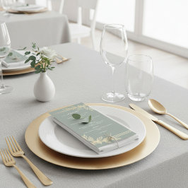 Menu Casamento Botânico Moderno em Verde Sage e Dourado