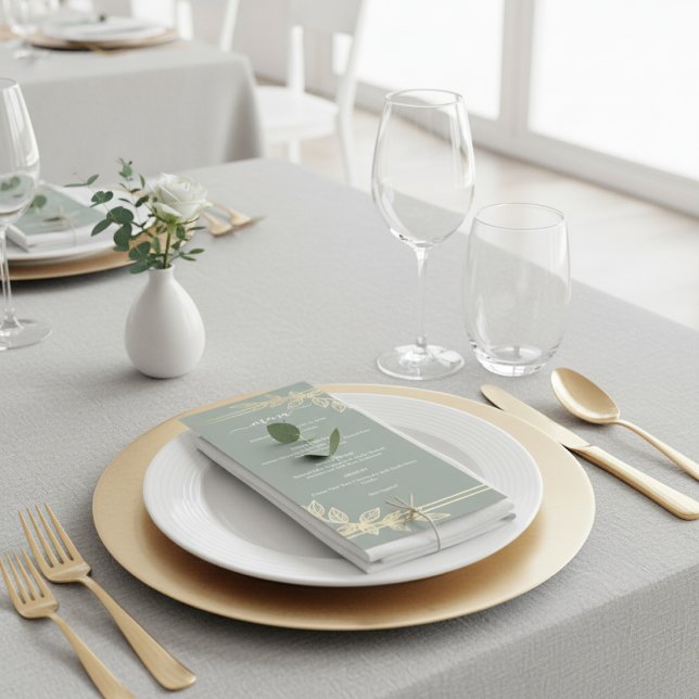 Menu Casamento Botânico Moderno em Verde Sage e Dourado (Criador carregado)