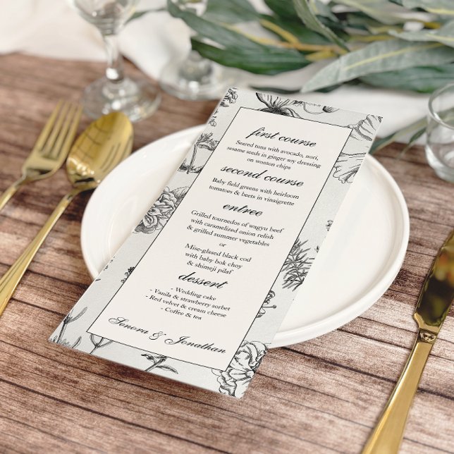 Menu Casamento Botânico Monocromático Vintage (Criador carregado)