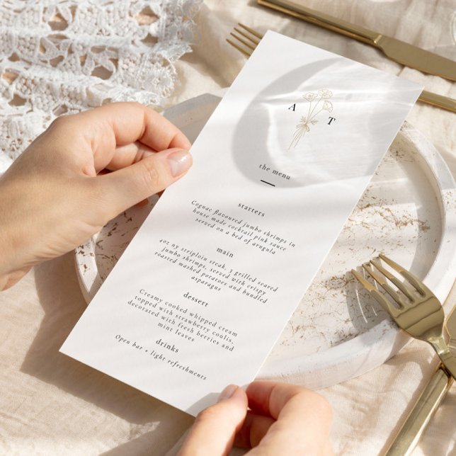 Menu Casamento Botânico Monograma Minimalista (Stunning & sleek white, black and gold wedding menu - customize the colors and text!)
