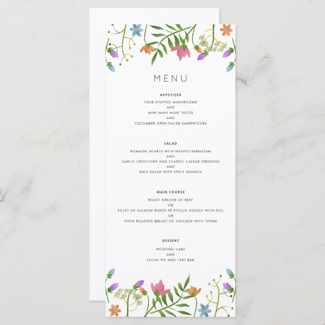 Menu Casamento Botânico País de Flores Selvagens (Frente/Verso)