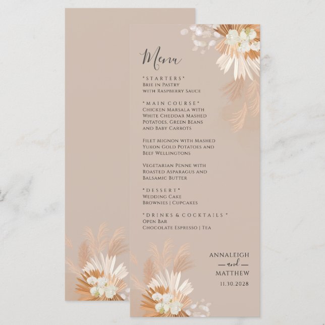 Menu Casamento Botânico Pampas Grass Terracotta (Frente/Verso)