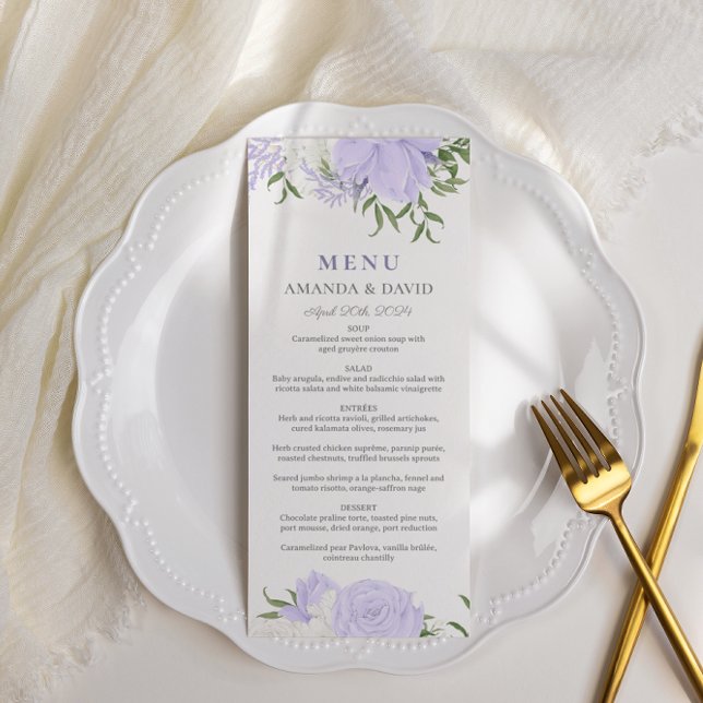 Menu Casamento Botânico Periwinkle Watercolor (Criador carregado)