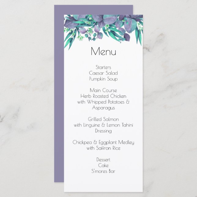 Menu Casamento Botânico Verde Lilac e Brilhante (Frente/Verso)