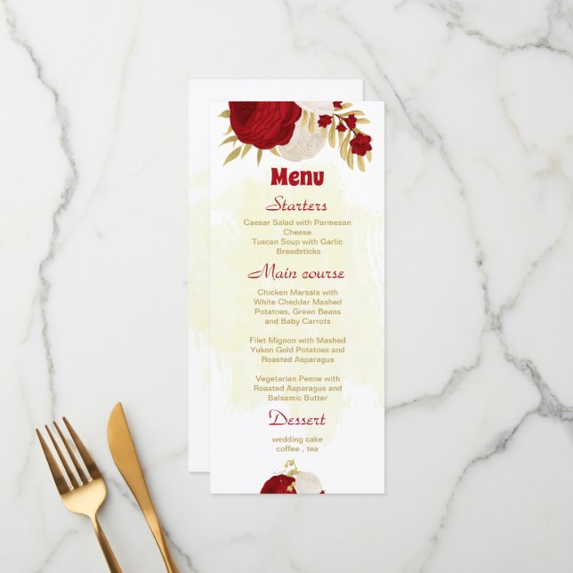 Menu casamento botânico vermelho-escuro e flores branca (Frente/Verso In Situ)