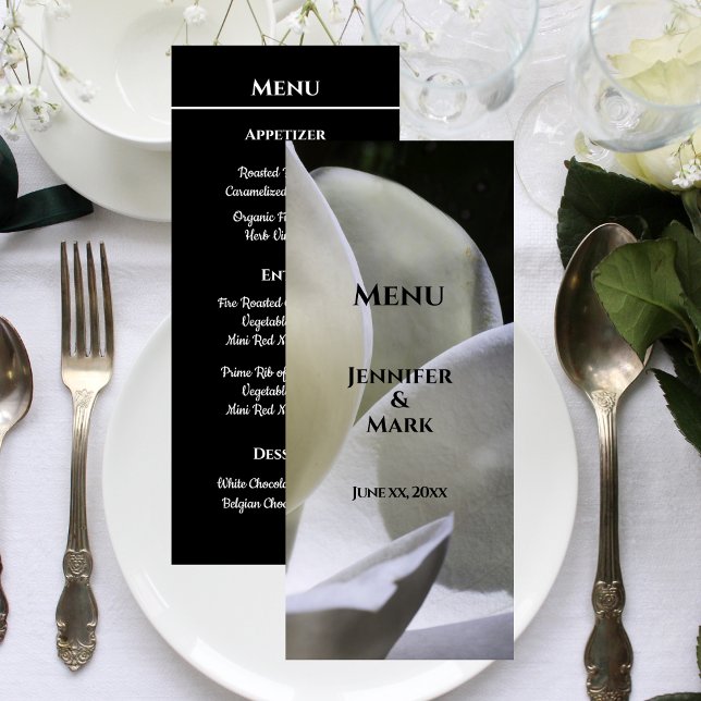Menu Casamento Branca Magnolia Negra e Branca (Wedding Menu White Magnolia Black and White Card)