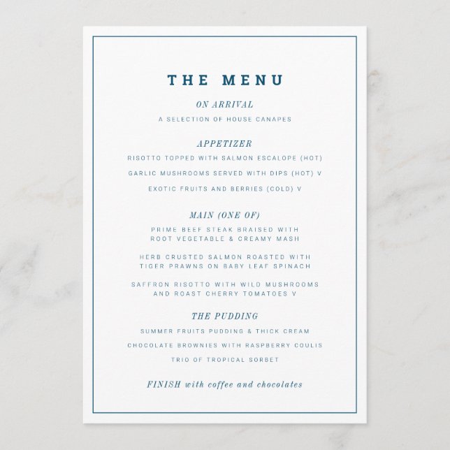 Menu Casamento branco azul-marinho mínimo e personaliza (Frente)