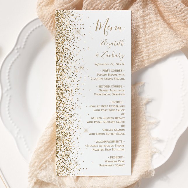 Menu Casamento Branco Dourado moderno com brilho (Criador carregado)
