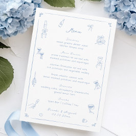 Menu Casamento branco e azul desenhado à mão