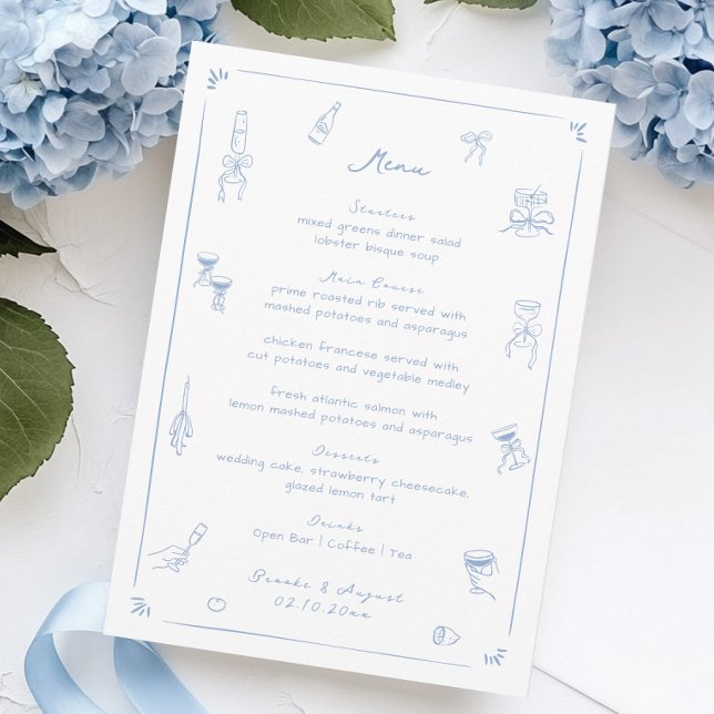 Menu Casamento branco e azul desenhado à mão (Criador carregado)