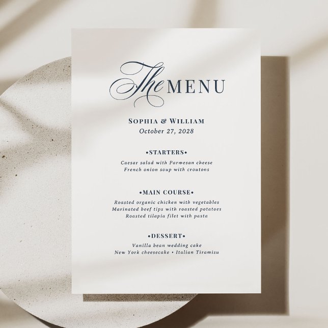 Menu Casamento Branco e Azul Marinho | Luxo Clássico (Criador carregado)