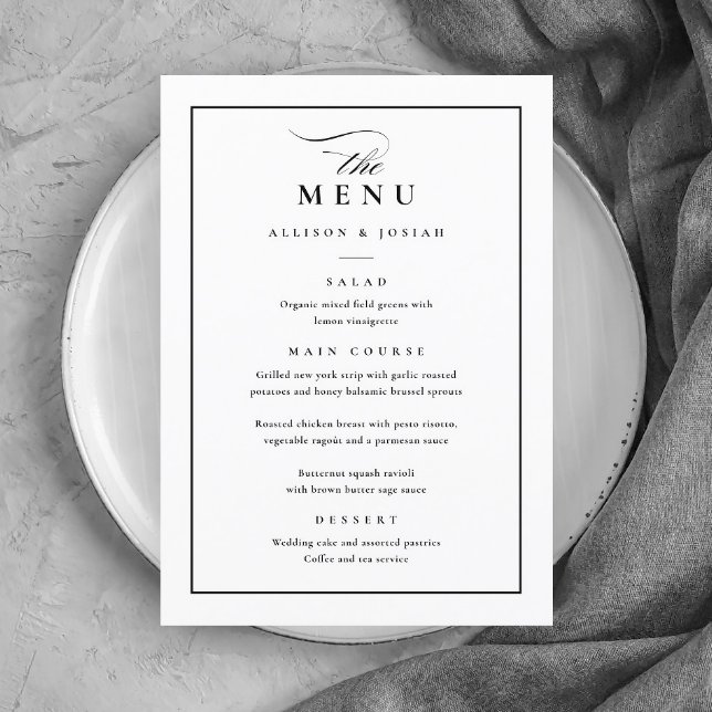 Menu Casamento Branco e Negro Elegante Clássico (Simple Black and White Wedding Menu.)