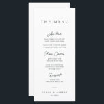 Menu Casamento branco e preto caligrâmico minimalista<br><div class="desc">Este simples cardápio de casamento preto-e-branco com a tipografia moderna fará um excelente adicional ao seu decoro de festa de casamento. Todo texto é editável,  basta clicar em 'Personalizar este modelo'. Também estão disponíveis itens correspondentes,  incluindo a suíte de Convite de Casamento.</div>