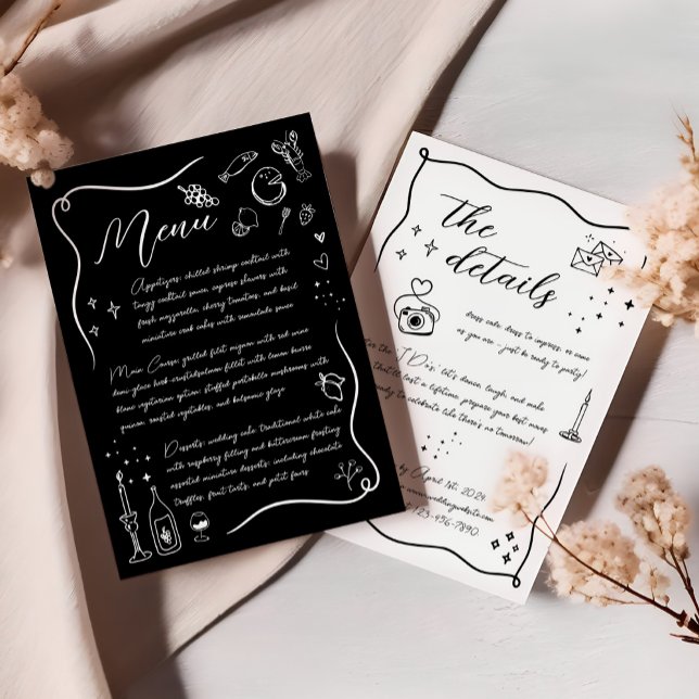 Menu Casamento branco e preto desenhado à mão para o Do (Criador carregado)