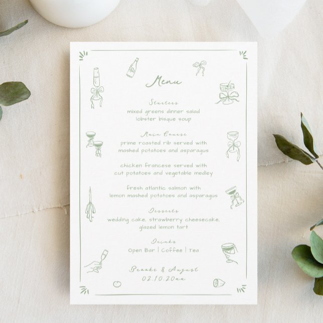 Menu Casamento Branco e Verde Desenho Mão (Criador carregado)