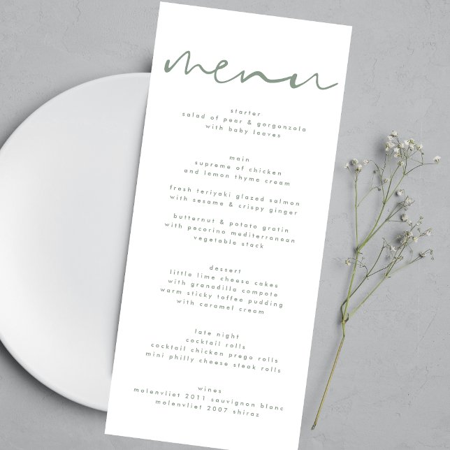 Menu Casamento Branco Neutro Verde Moderno Sage (Criador carregado)