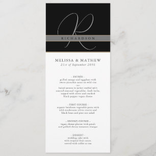 Menu Casamento Branco Preto com Carvões de Monograma Ch