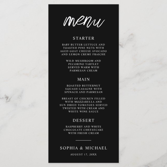 Menu Casamento Branco Preto de Script Contemporâneo na  (Frente)
