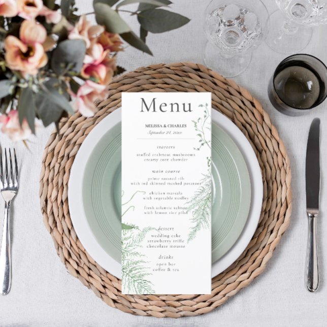 Menu Casamento Branco Rustic Fern Green Foliage (Criador carregado)
