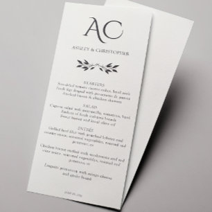 Menu Casamento branco suave e liso de monograma minimal