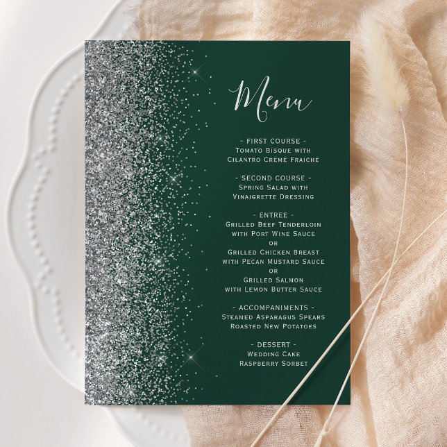 Menu Casamento Brilho Prata Verde Esmeralda Escuro (Criador carregado)