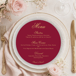 Menu Casamento Burgundy Dourado Caligrafia Simples Verm