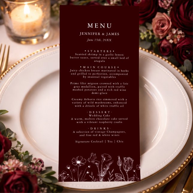 Menu Casamento Burgundy Floral Elegante (Criador carregado)