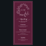Menu Casamento Burgundy Leafy Crest Monograma<br><div class="desc">Um belo toque final para sua capa de sopa, este cardápio de casamento burro exumenta luxo subestimado. Delicadamente emoldurado por uma crista monográfica refinada, este menu adiciona uma elegância curada à sua recepção de casamento, permitindo que os hóspedes se iludam em todos os cursos com antecipação. Projetada para complementar uma...</div>